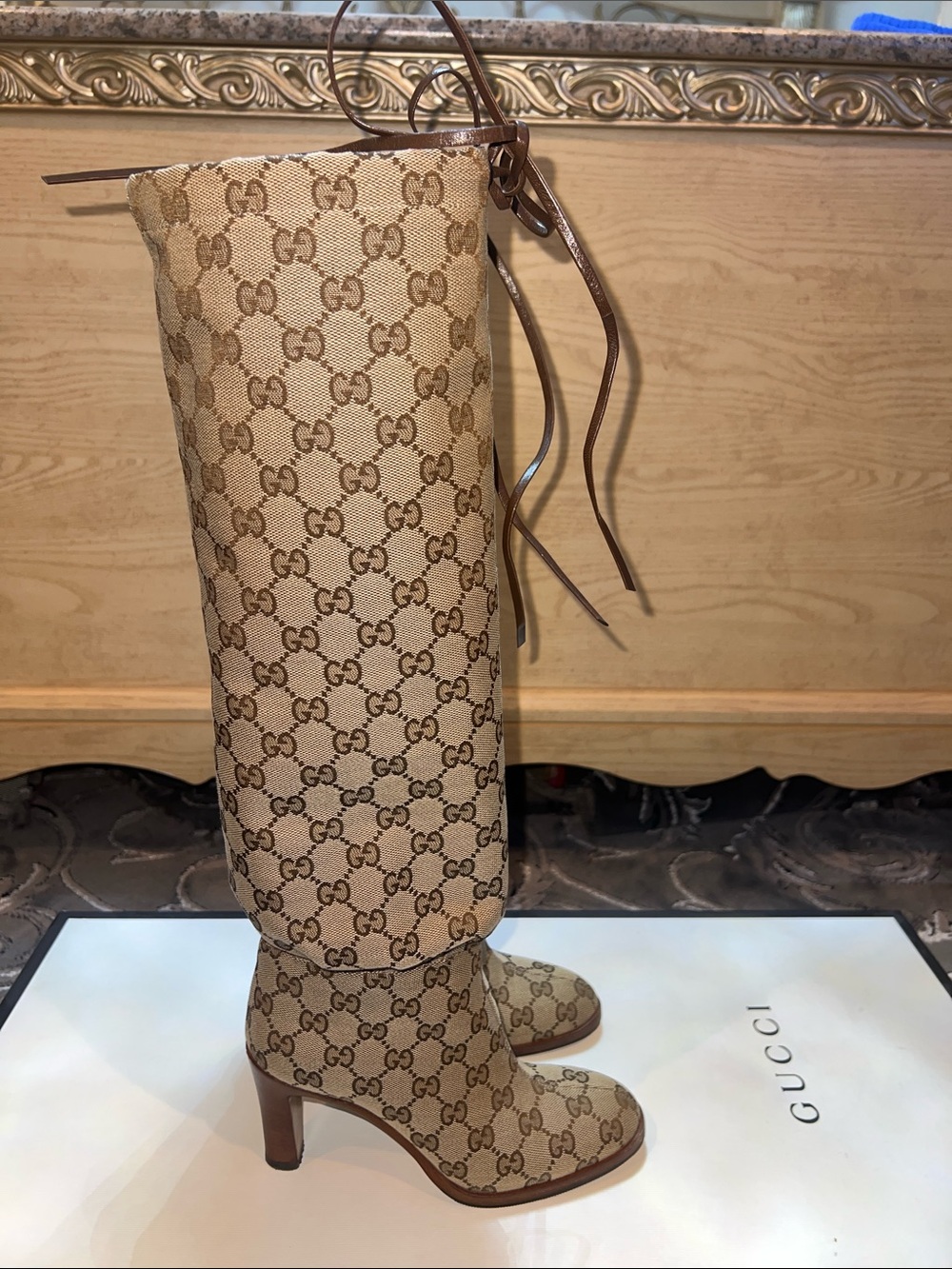 Gucci Beige GG Canvas Over-the-Knee Logo Boots with Brown Trim
